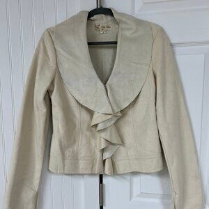 Au Lieu Beige Faux Suede Ruffle Cardigan - Size Small